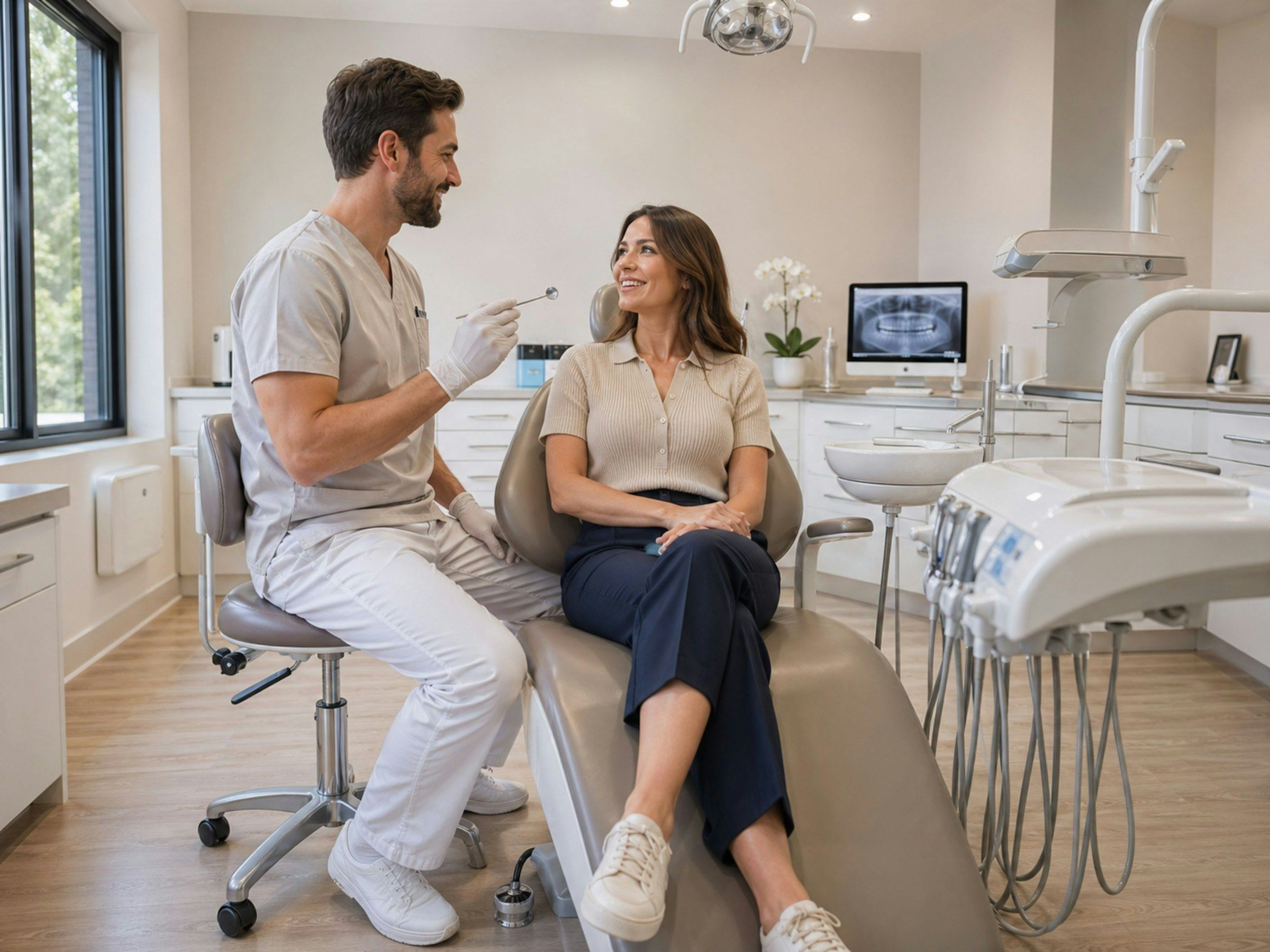 Dentista conversando con una paciente sonriente en una clínica dental moderna